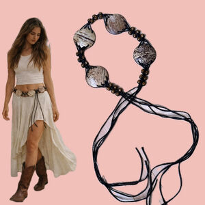 Boho Coastal Cowgirl Belt – Shell Disc & Wood Bead Tie Belt Y2K